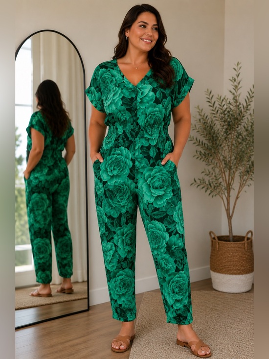 Zara Pants - Zara Green Floral Jumpsuit Size L Tapered Leg Side Pockets